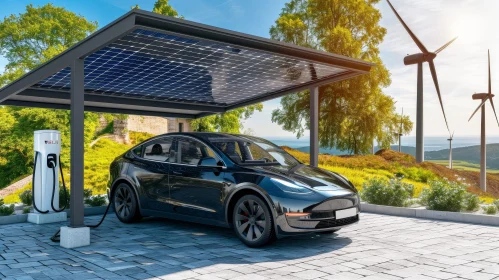 Black Tesla Model S Plaid Charging Station with Solar Power and Wind Turbines