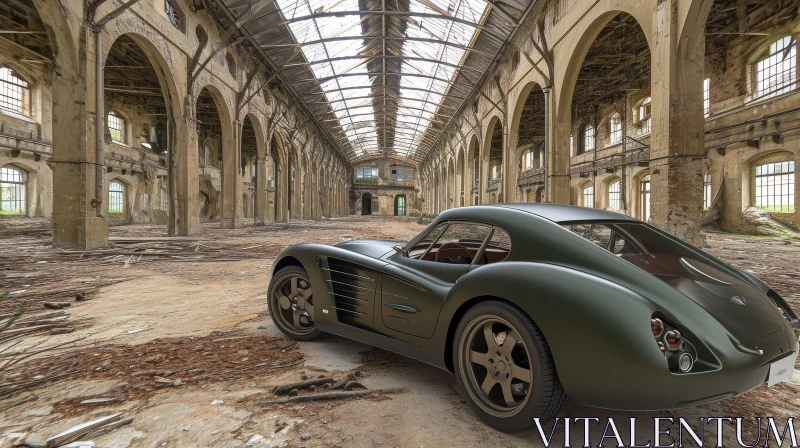 Dark Green Classic Car in Abandoned Brick Factory AI Image