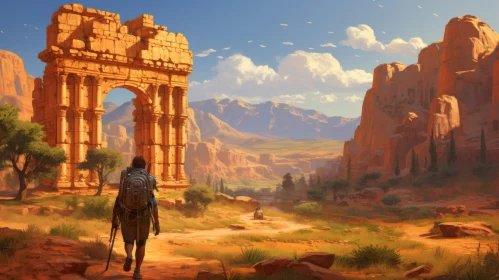 Desert Landscape Painting with Archway and Mountain Range