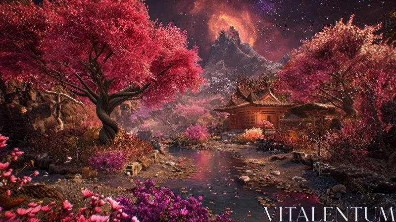 Peaceful Cherry Blossom Forest Landscape with Japanese House AI Image
