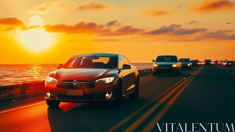 Red Tesla Model S Driving on Coastal Highway at Sunset AI Image