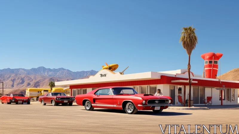 Vintage Red Ford Mustang at Retro Gas Station AI Image