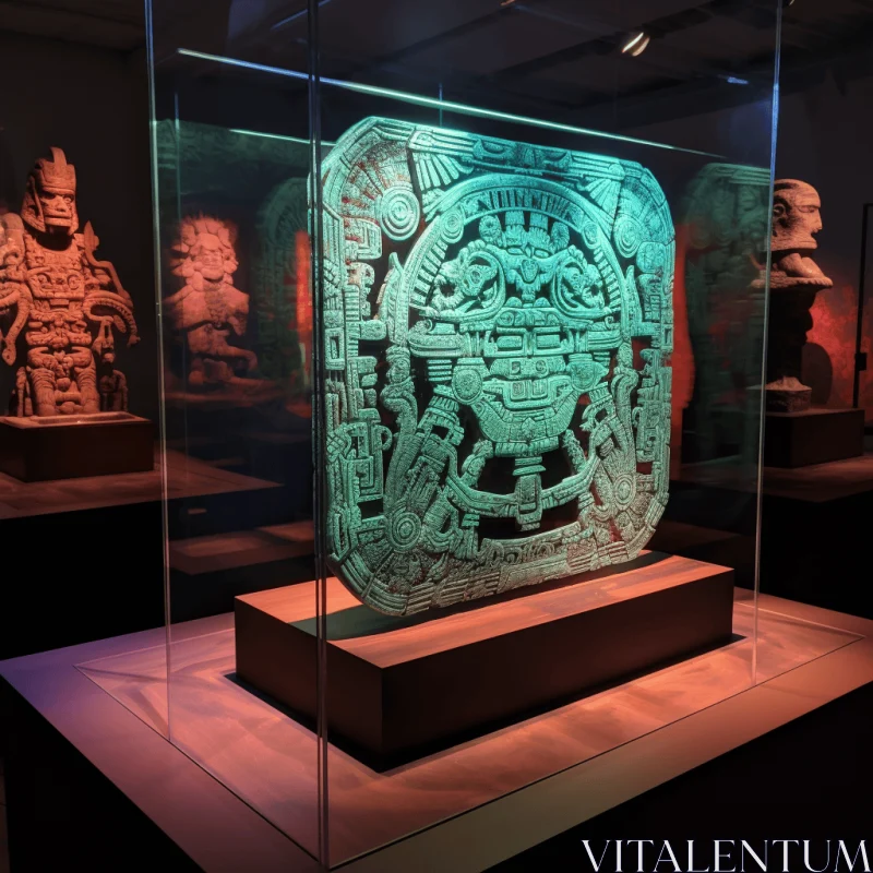 Intricately Sculpted Aztec Hieroglyphic in a Luminous 3D Glass Case AI Image
