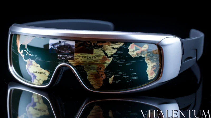 Silver Glasses Reflecting World Map and Photos on Black Surface AI Image