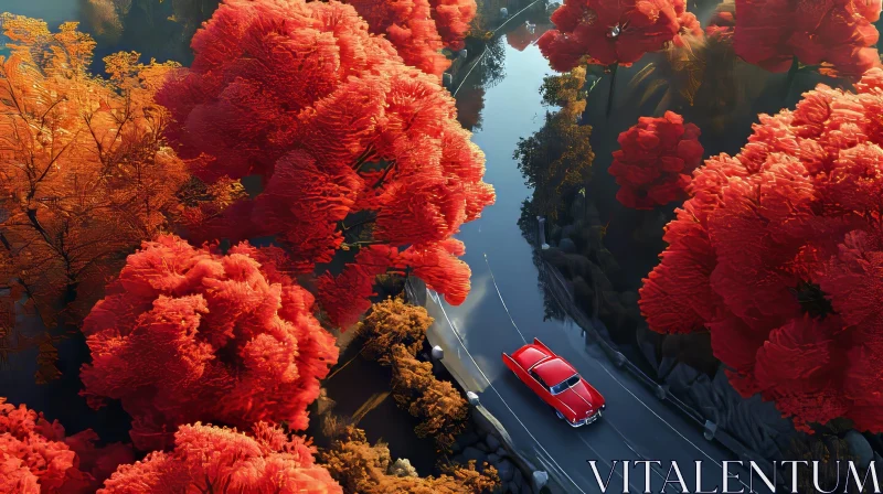 Aerial Forest Road with Red Flowers and Car AI Image