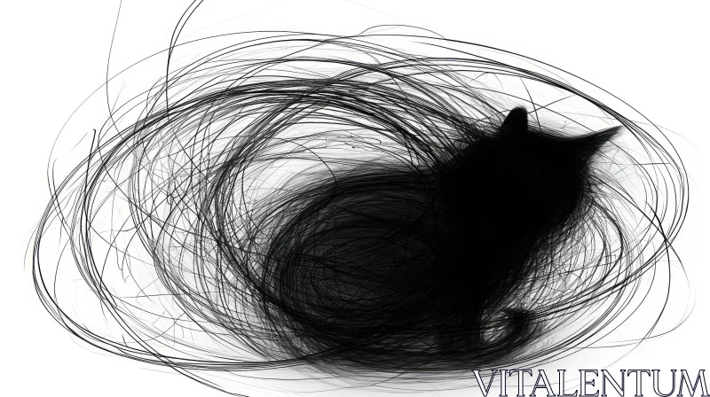 Black Cat Nestled in Scribbled Lines on White Background AI Image