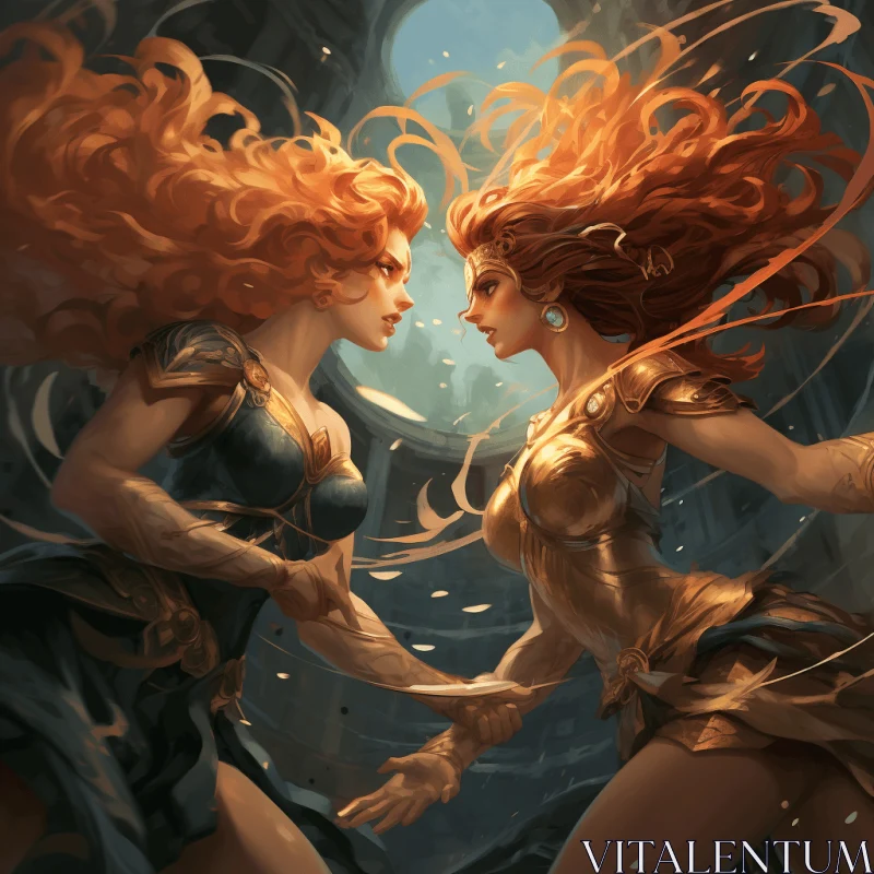 Captivating Fantasy Art: Two Fierce Women with Glowing Hair and Wings AI Image
