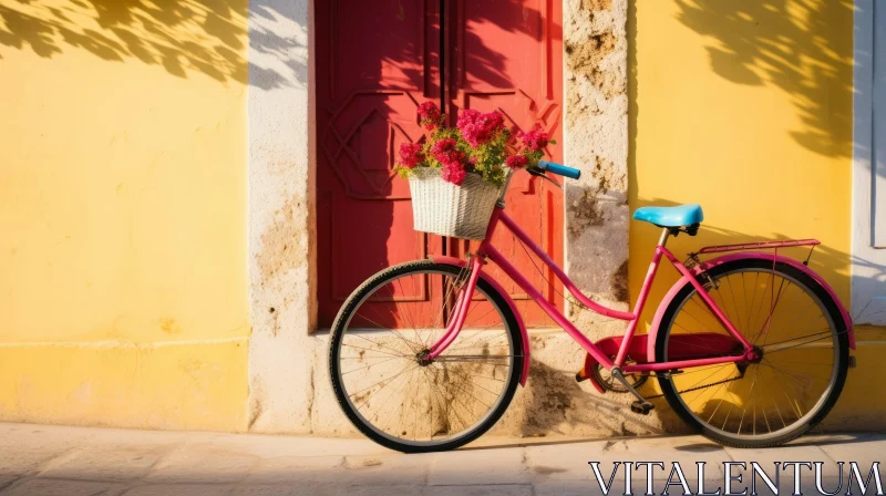 Charming Street Decor: Pink Bicycle with Flowers Near Red Door AI Image