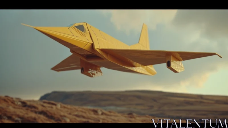 Yellow Fighter Jet 3D Rendering Over Mountains AI Image