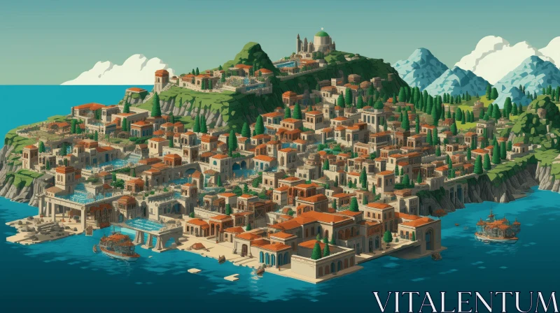 Ancient Greek Island Graphic Style Illustration | Voxel Art AI Image