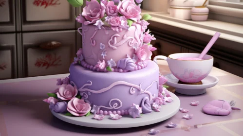 Exquisite Two-Tiered Cake with Pink and Purple Roses