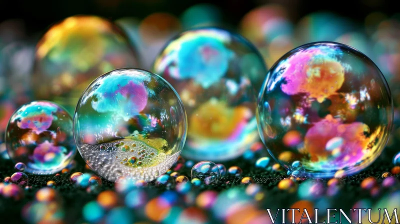 Iridescent Soap Bubbles Cluster on Reflective Surface AI Image