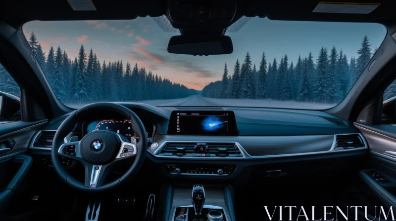 Luxurious Car Interior Driving Through Snowy Forest AI Image