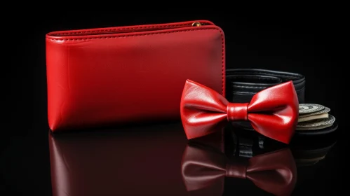 Red Leather Wallet, Black Belt & Bow Tie Composition