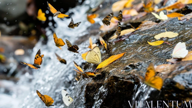 Tranquil Butterfly on Rock in Autumn Stream AI Image