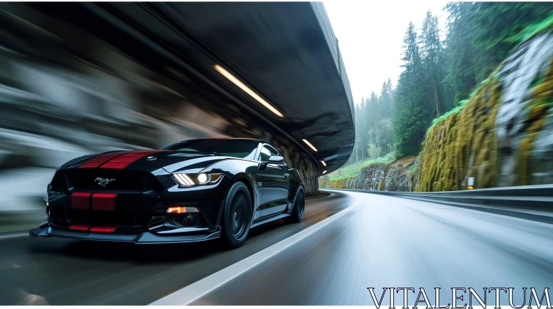 Black Ford Mustang GT350 Sports Car Driving in Forest AI Image