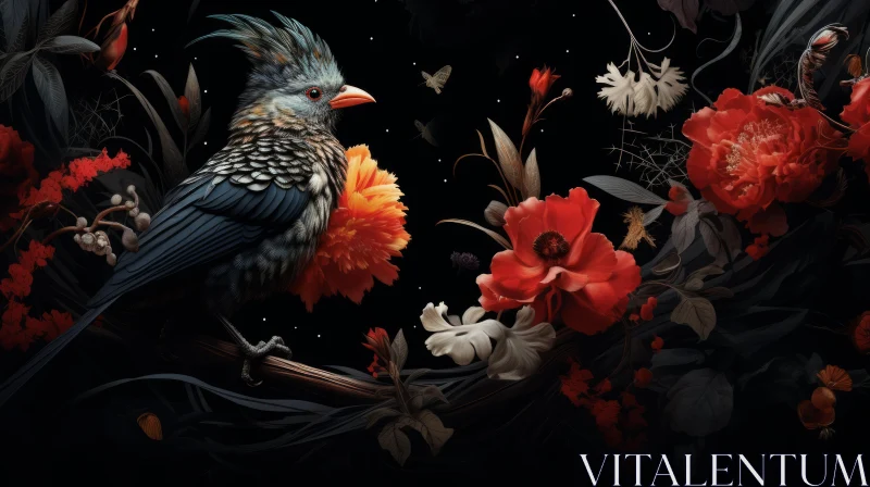 Dark Moody Floral Still Life with Bird and Flowers AI Image