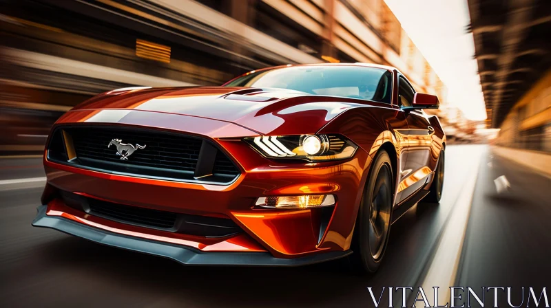 Detailed Close-up of Red Ford Mustang Car in City Lights AI Image
