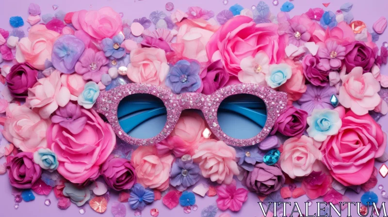 Pink Plastic Sunglasses and Glitter Flowers Close-up AI Image