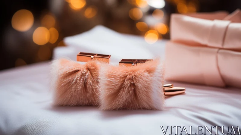 Rosegold Fluffy Pink Fur Cufflinks on Silk Fabric AI Image