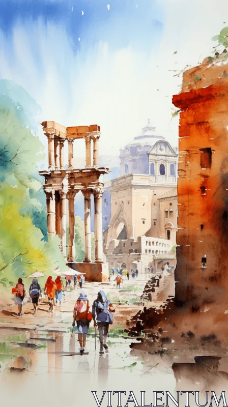 Watercolor Painting of People Walking Next to Ancient Ruins AI Image