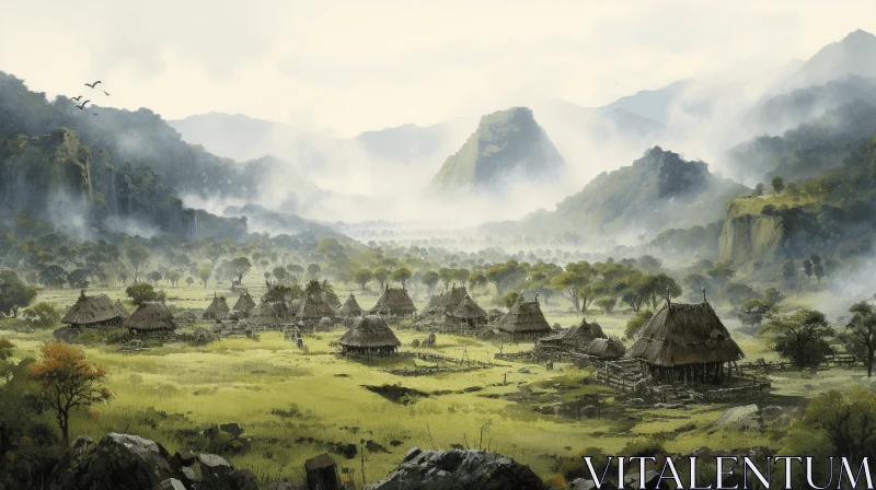 Enigmatic Village Painting | Mysterious Mountains | Prehistoricore Art AI Image