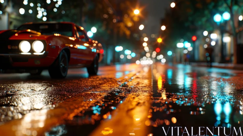Red Retro Car Parked on Wet Asphalt Road at Night AI Image