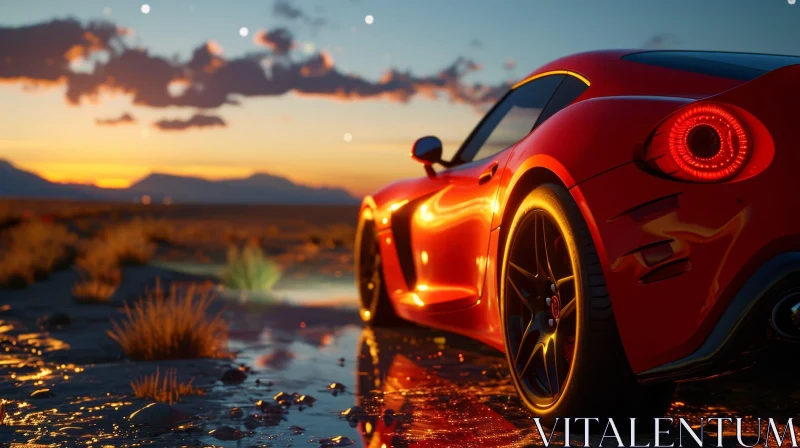 Red Sports Car in Desert Sunset AI Image