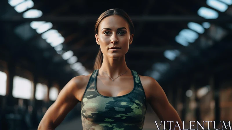 Determined Young Woman in Green Camouflage Sports Bra AI Image