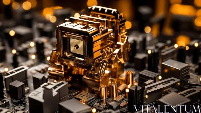 Exquisite Close-Up of a Gold Computer Processor on a Circuit Board AI Image