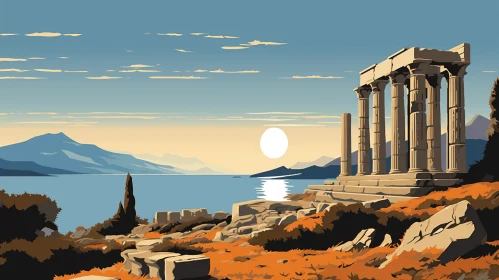 Greek Temple on the Shore: Vintage Poster Design with Mountains and Ocean