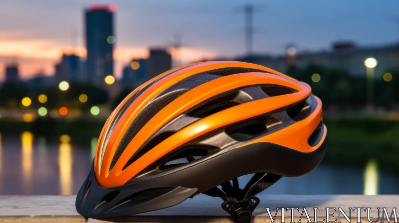 Urban Cycling Safety: Black and Orange Bicycle Helmet on Stone Surface AI Image
