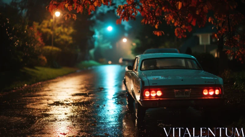 Lonely Night: Classic Car in Rain on Wet Street AI Image