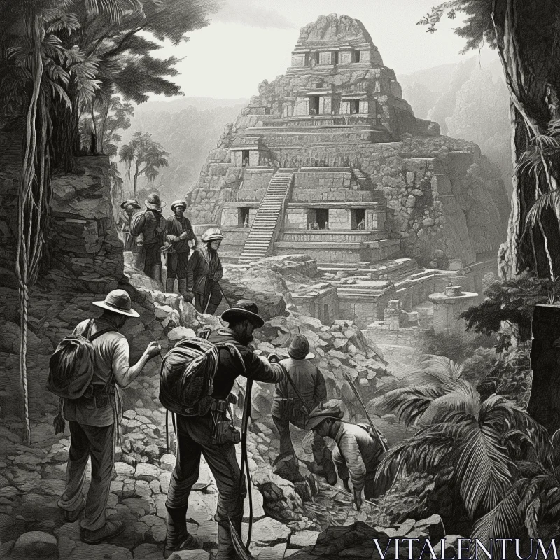 AI ART Ancient World: Old Drawing of Hikers near a Large Temple