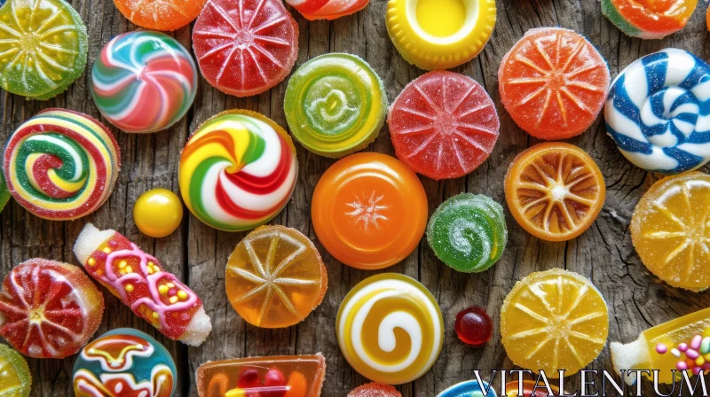 AI ART Colorful Candy Close-Up on Wooden Table