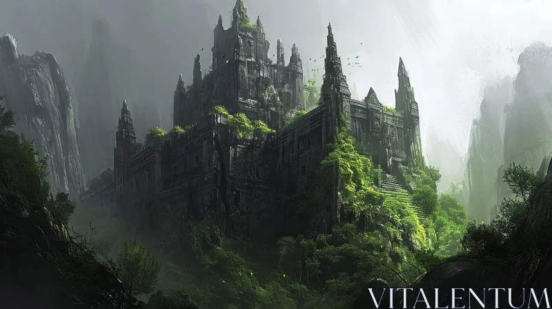 Enigmatic Ruined Castle in Forest | Digital Painting AI Image