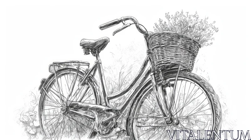 Realistic Black and White Bicycle Drawing with Flowers AI Image
