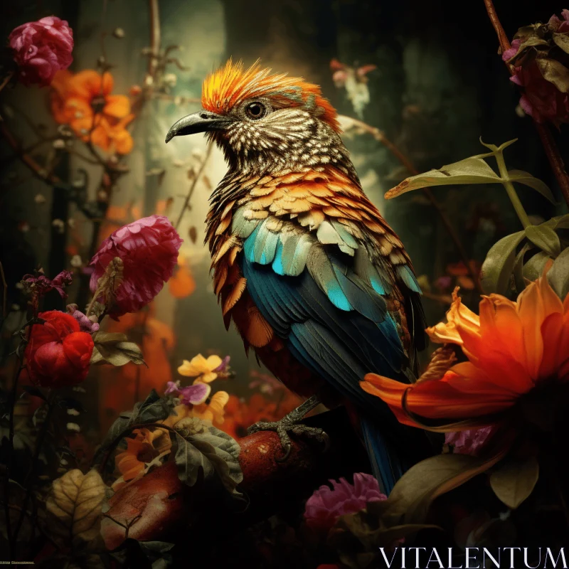 AI ART Vibrant Bird Among Lush Forest of Flowers - Captivating Nature Image