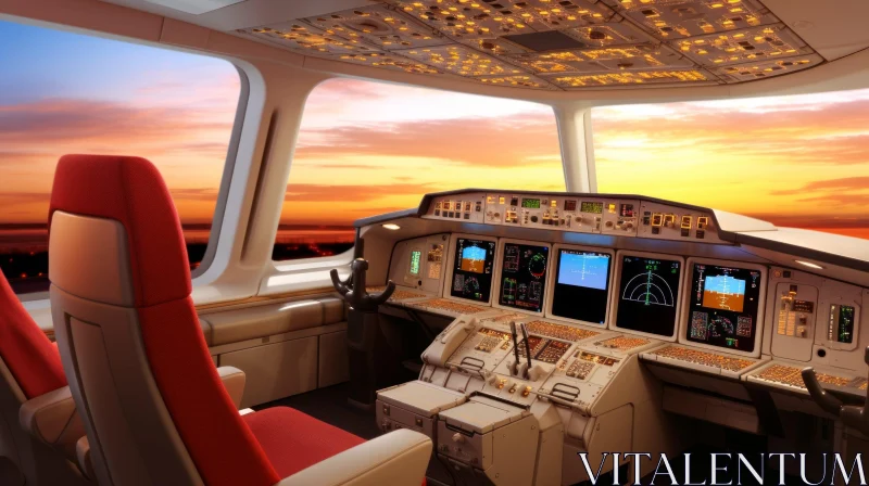 Aircraft Cockpit Sunset Sky Pilot Seat Control Panels AI Image
