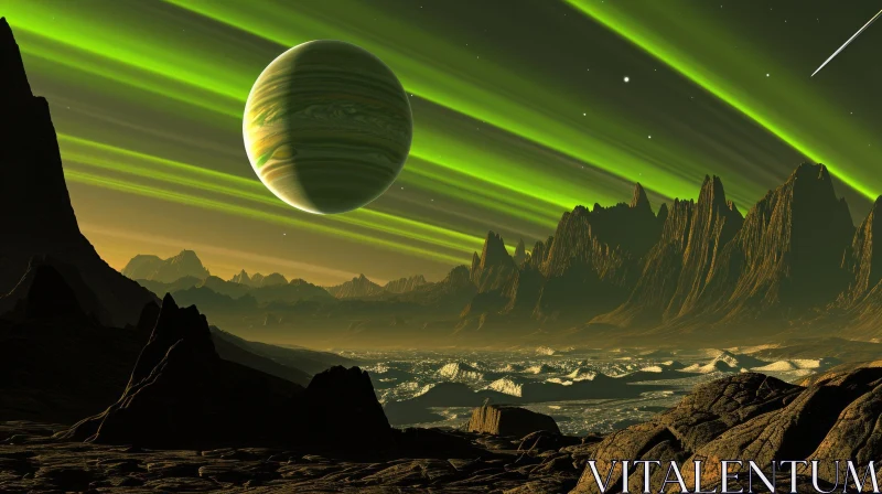 Enigmatic Alien Planet with Moon and Green Sky AI Image