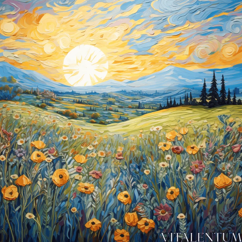 Field of Flowers at Sunset: Mesmerizing Oil Painting AI Image