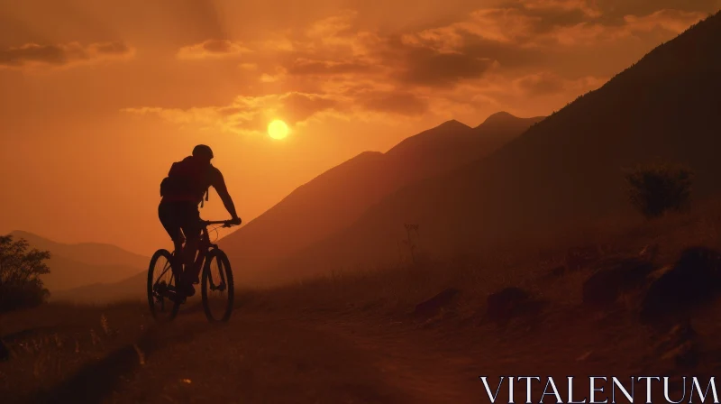 Silhouette of Mountain Biker Riding at Sunset AI Image