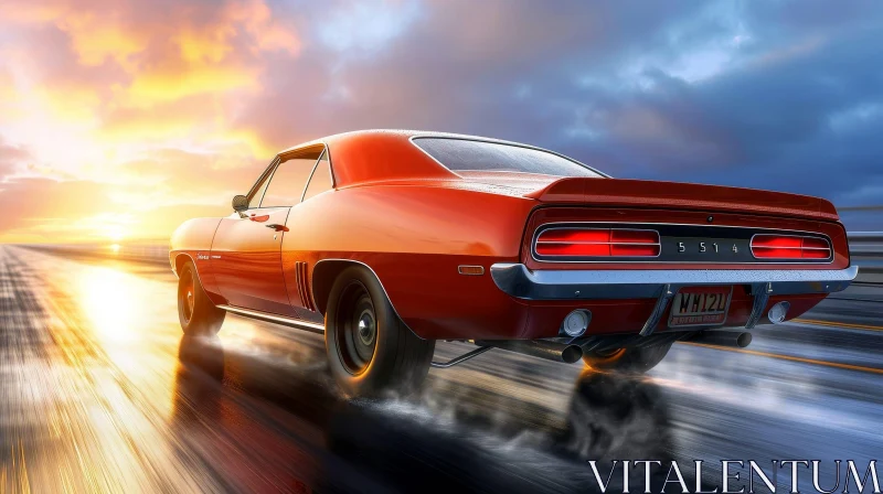 Vintage Red Chevrolet Camaro SS Racing at Sunset AI Image