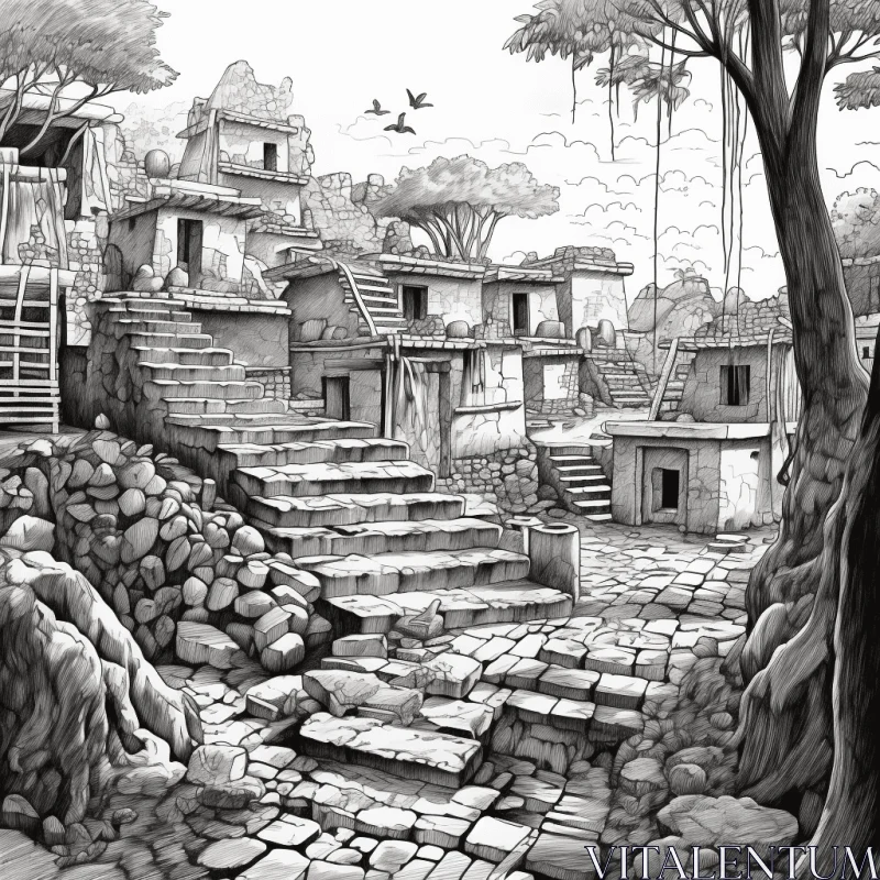 Intricate Sketch of Ancient Village in the Amazonian Jungle | Black and White Illustrations AI Image