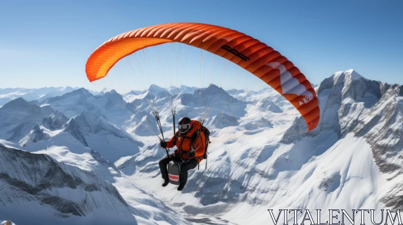 Paraglider Flying Over Snow-Capped Mountains AI Image