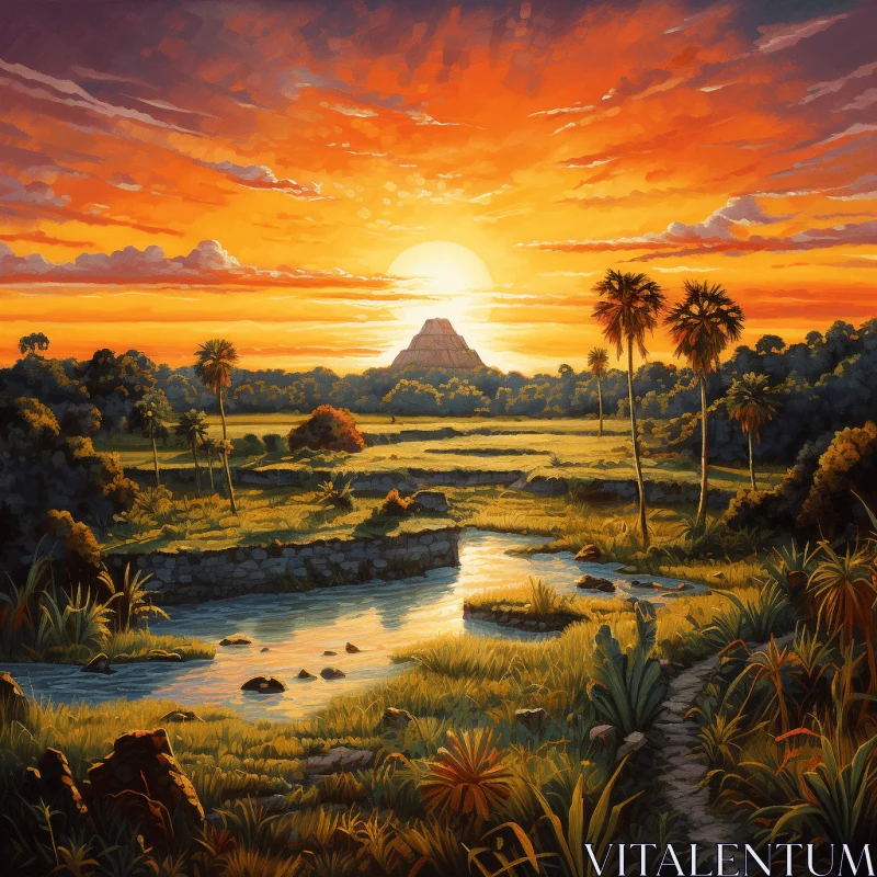 AI ART Captivating Sunset Painting - Richly Detailed Genre Painting Inspired by Mayan Art and Architecture