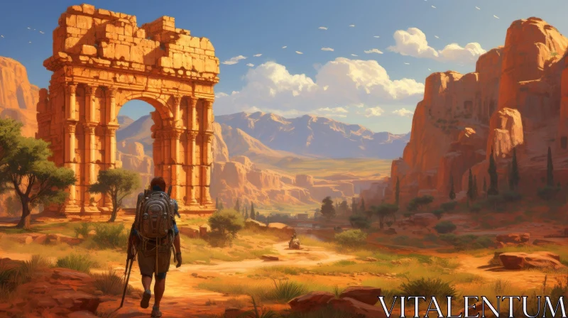 Desert Landscape Painting with Archway and Mountain Range AI Image