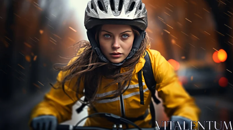 Determined Woman Riding Bicycle in Rain AI Image