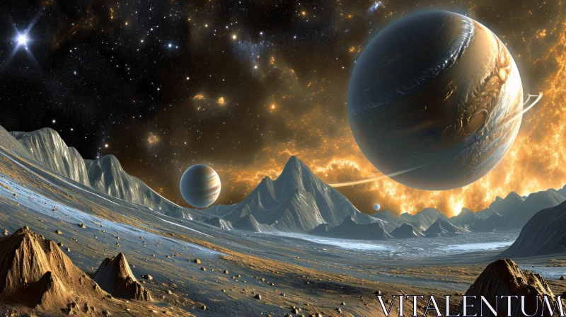 Enigmatic Alien Planet with Two Moons and Saturn Ring AI Image
