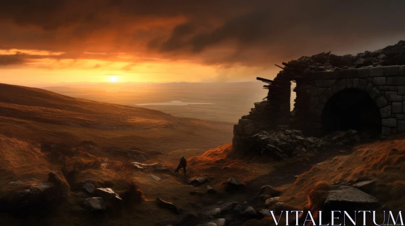 AI ART Majestic Sunset Landscape with Ruined Building